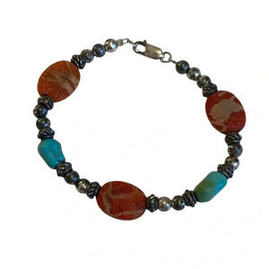 Vintage Womens Red Coral And Turquoise Beaded Bracelet Boho Native American